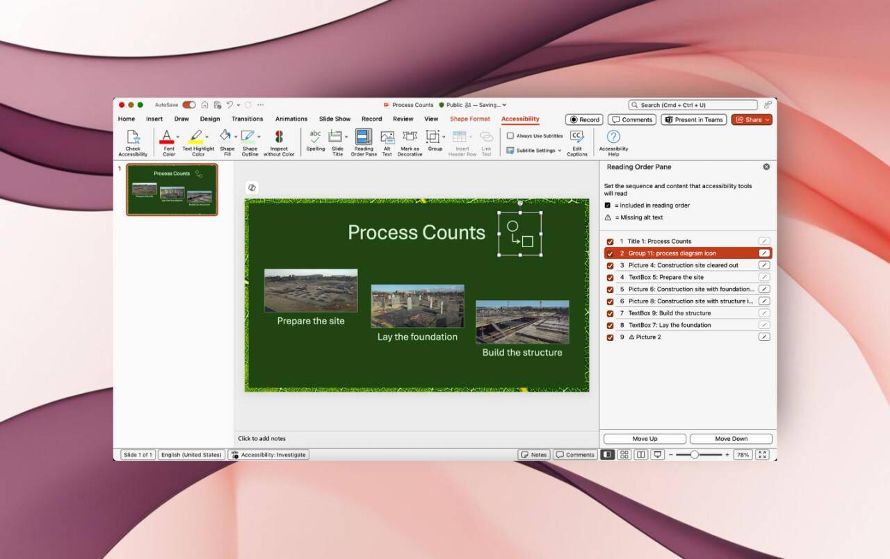 微软 Mac 版 PowerPoint 测试 Reading Order Pane 功能