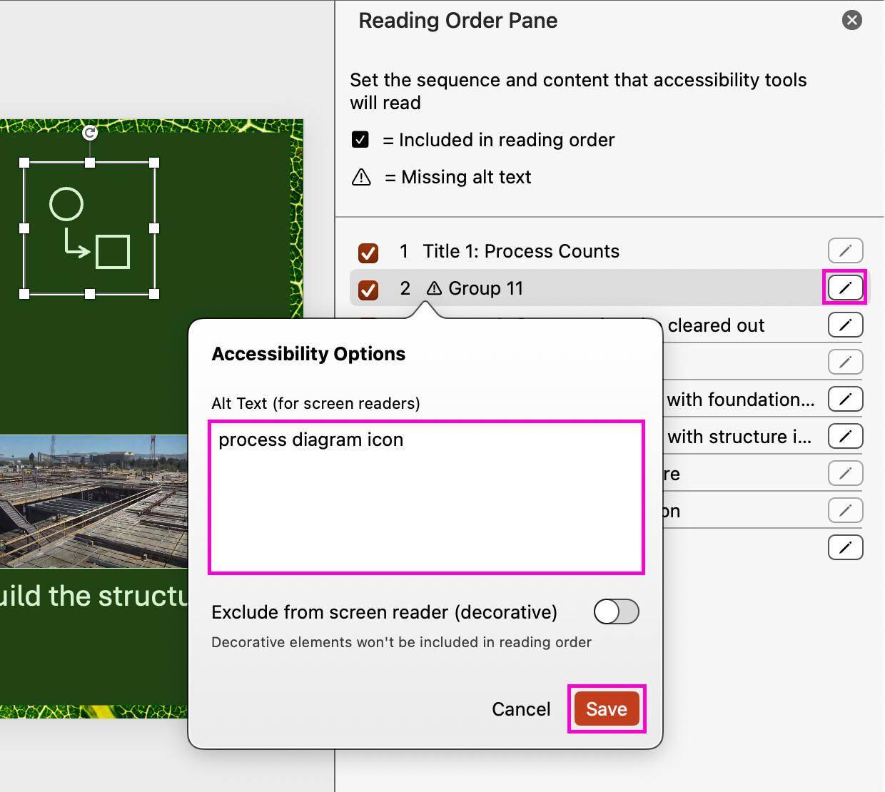 微软 Mac 版 PowerPoint 测试 Reading Order Pane 功能