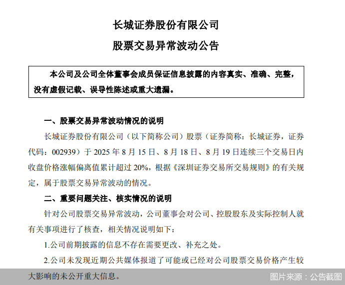 长城证券发布股票交易异常波动公告:没有应披露而未披露事项